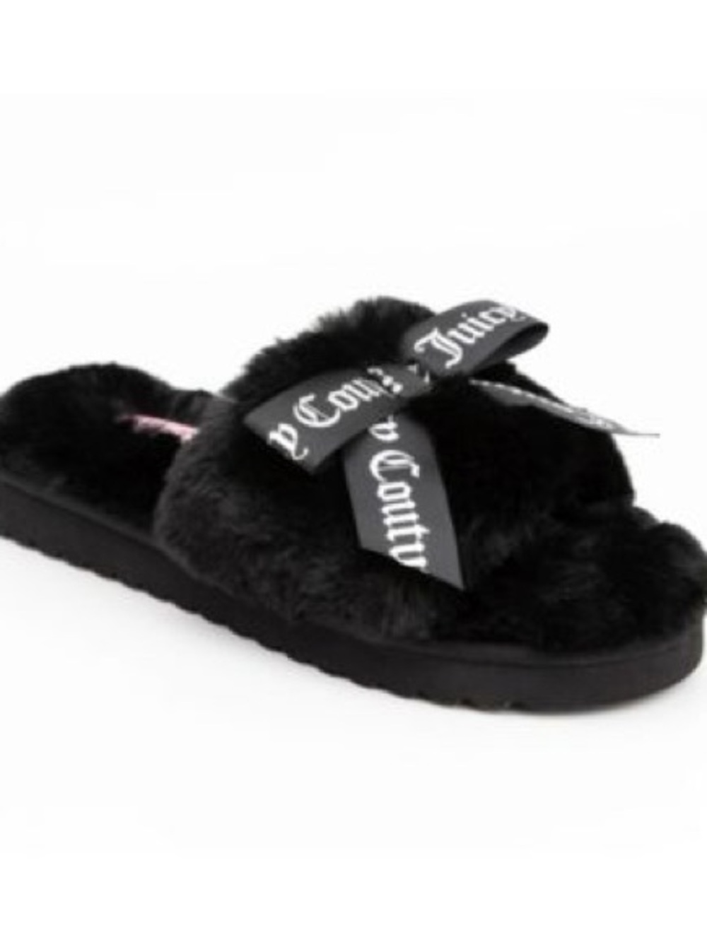 Juicy Couture Black Faux-Fur Slide Slippers with Branded Bow